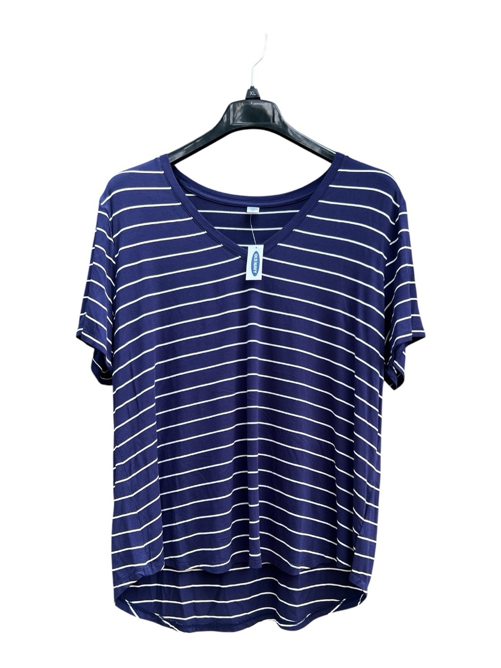 Old Navy Luxe Navy and White Striped V-Neck Tee Short Sleeve Soft Comfy Stretch